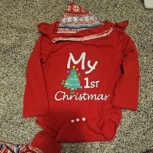 Red 'My 1st Christmas' Baby Onesie with Hat